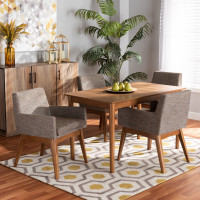 Baxton Studio BBT5281-Gravel/Walnut-5PC Dining Set Dorina Mid-Century Modern Gravel Fabric Upholstered and Walnut Brown Finished Wood 5-Piece Dining Setu